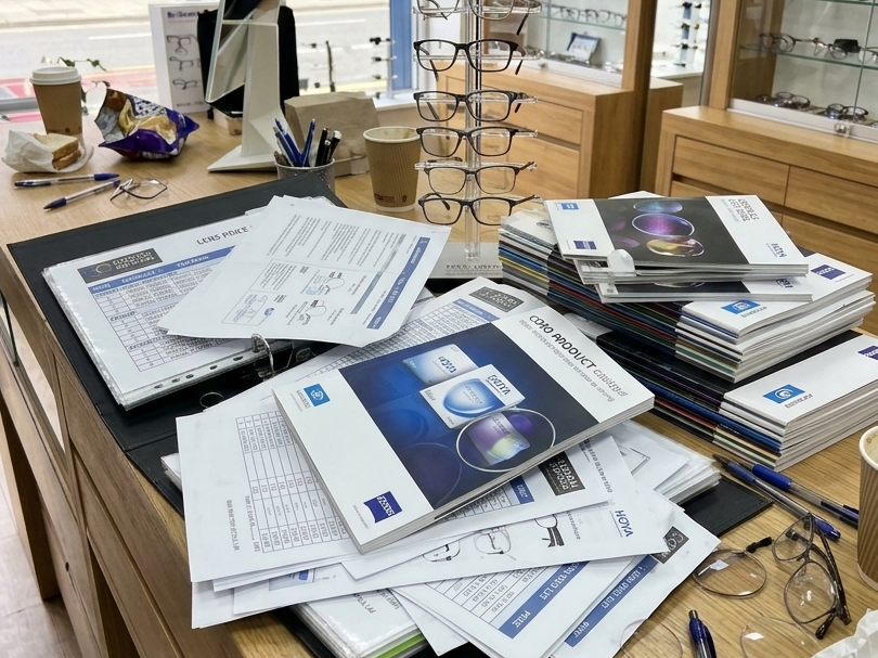 Friction of manual optical consultation with folders and catalog clutter
